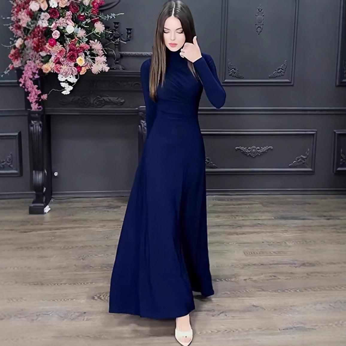Autumn Solid Color Pleated Waist Tight Slimming Graceful Dress