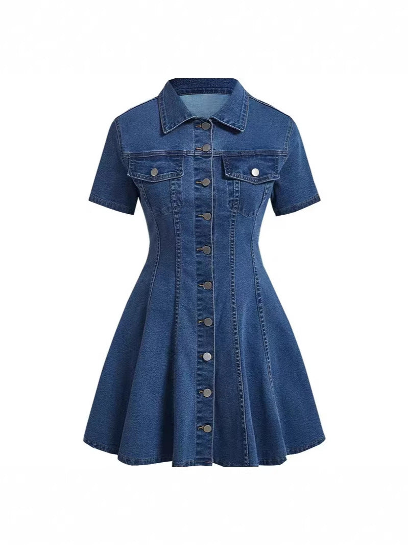 Glamorous Graceful Women's Denim Short-sleeved Waist Dress