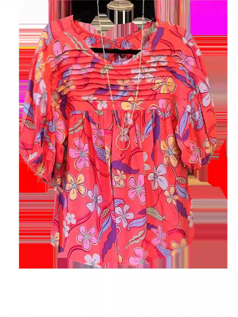 Women's Pleated Round Neck Printed Shirt Blouse