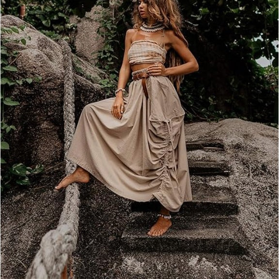 Women's Casual Drawstring Large Pocket Bohemian Loose Skirts