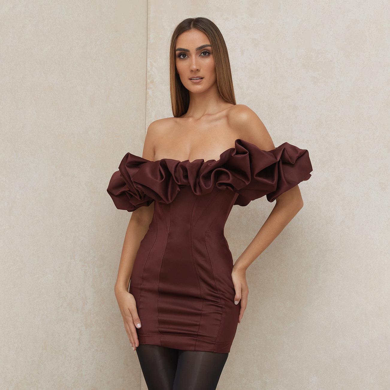 Popular Sexy Sheath Tube Fishbone Ruffled Dress