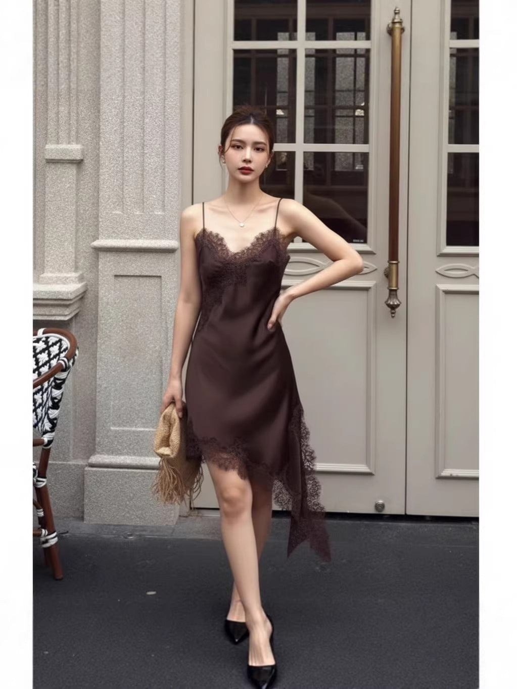 Women's Overcoat Clothes Irregular Lace Edge Pure Desire Style Backless Asymmetric Dress