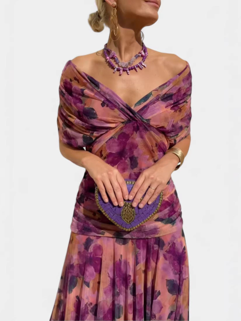 Fashion Printed Mesh Elegant Graceful Midi Dress