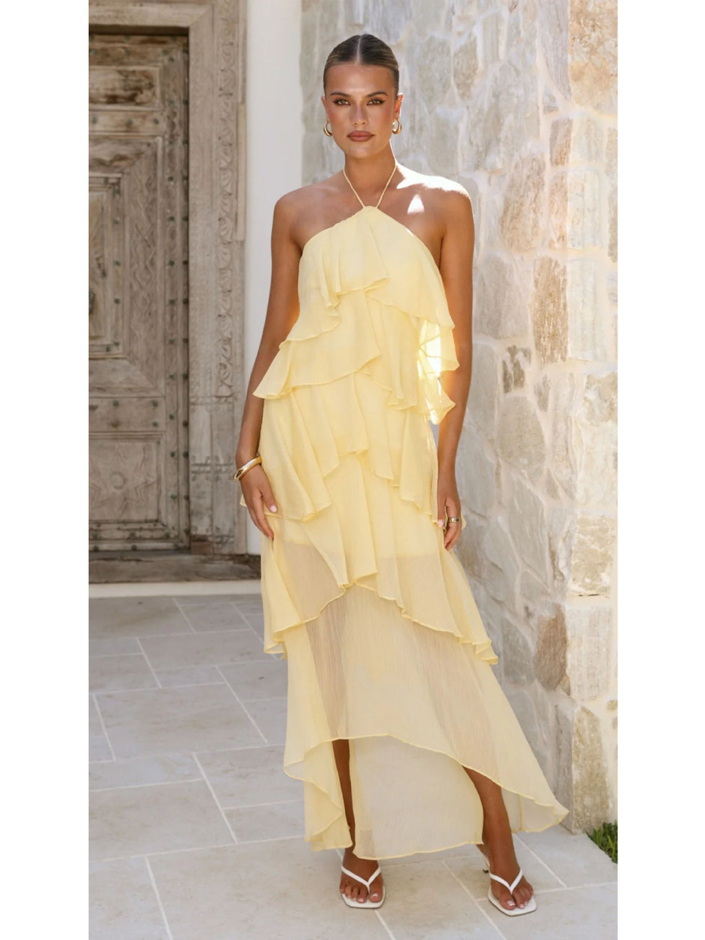 Ruffled Elegant Halter Solid Color Cake Dress