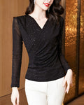 Women's Pure Color Mesh Glittering Powder Slim Fit Slimming Long Sleeves Women's T-shirt