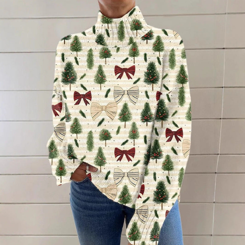 Innovative Women's Christmas Printed Wear Turtleneck Women's T-shirt