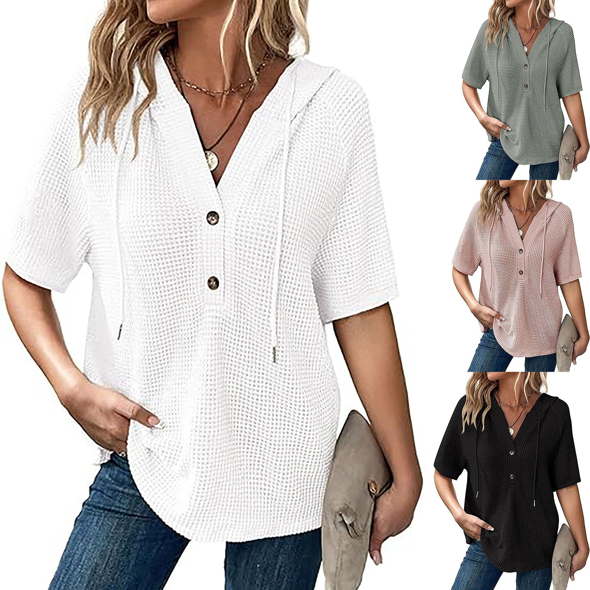 Women's Summer Waffle Knitted Short-sleeved Shirt Lightweight Drawstring Hoodie Blouse