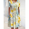 Women's Floral Print Round Neck Pocket Mid-length Clothing