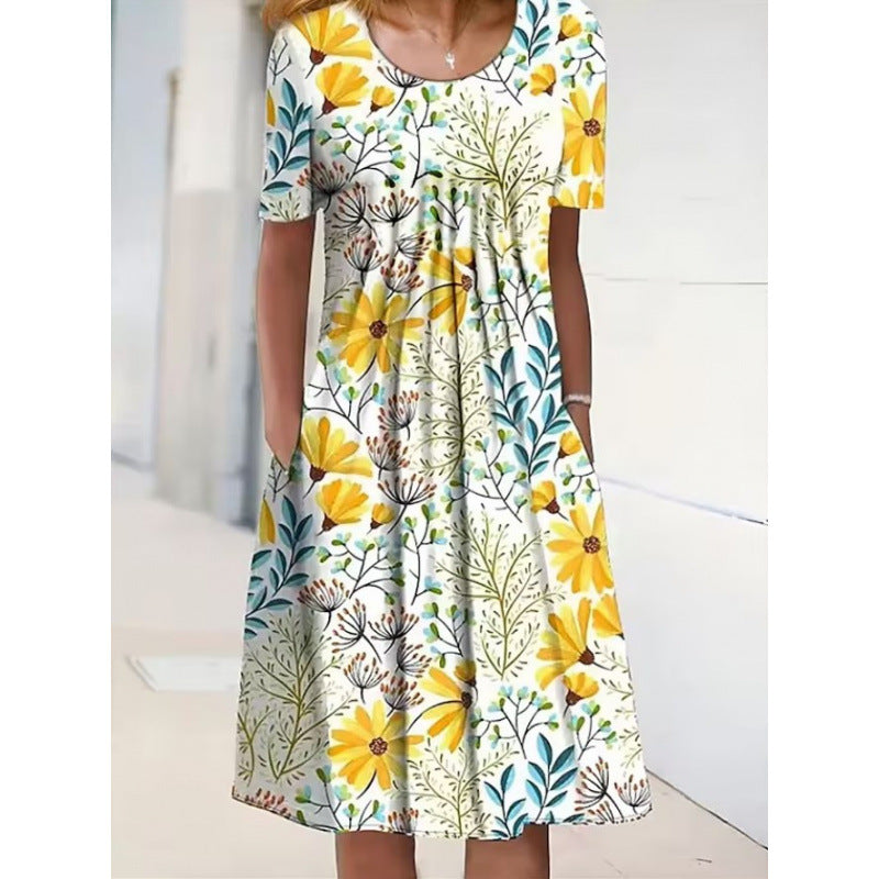 Women's Floral Print Round Neck Pocket Mid-length Clothing