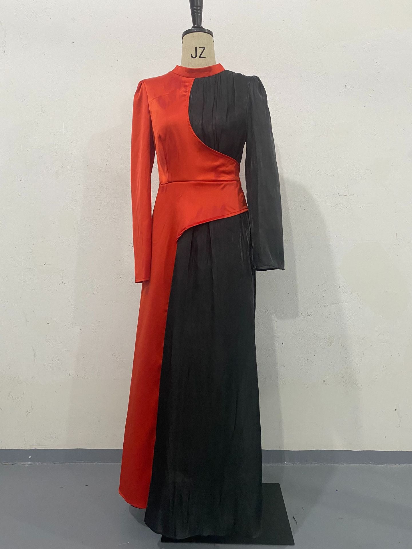 Women's Irregular Color Contrast Patchwork High Waist Pleated Slingback Long Dress