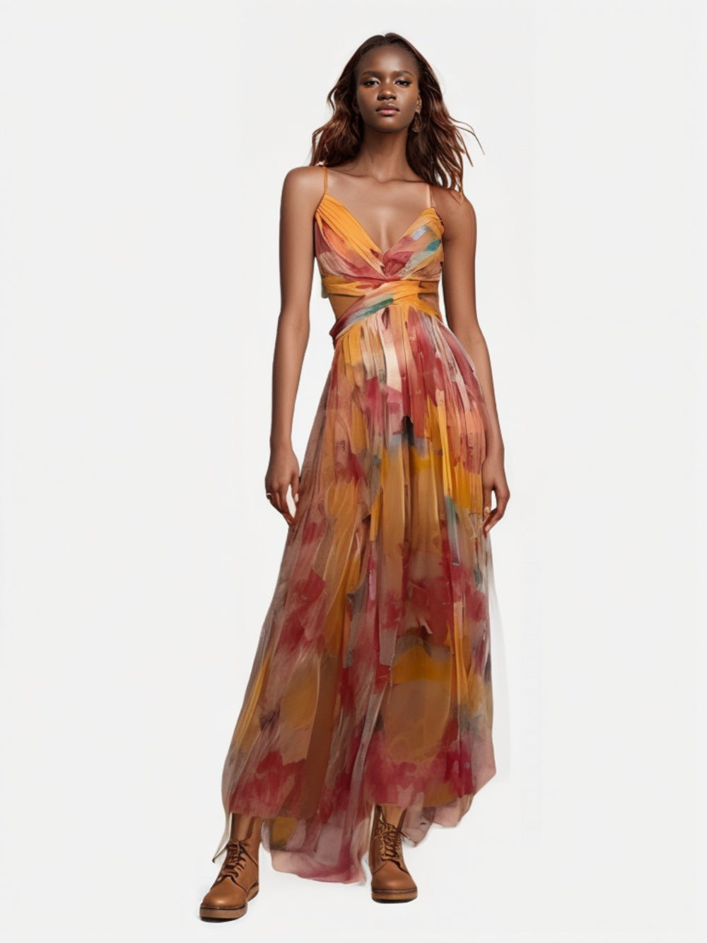 Popular Slouchy Mesh Printing Slip Vacation Dress