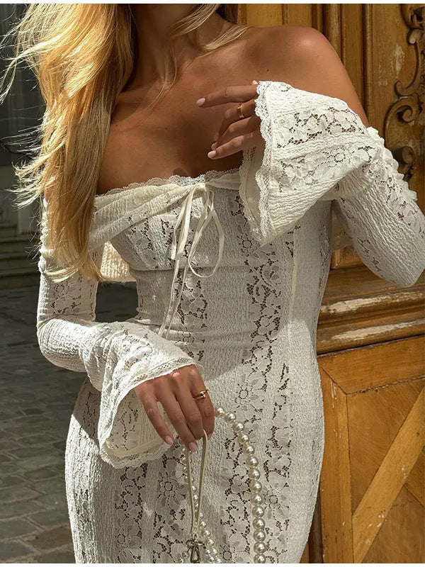 Fashion Sexy Lace Long Bell Sleeve Dress
