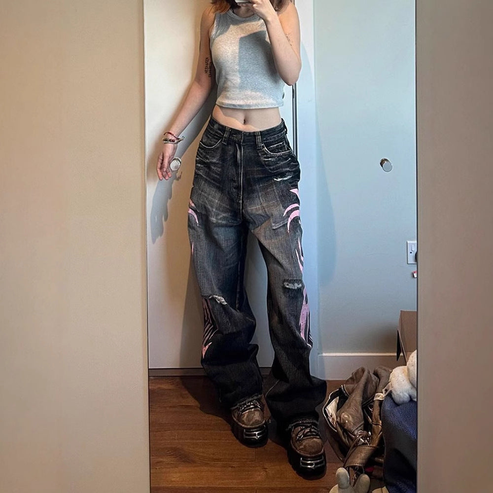 Women's & Men's American Printed High Street Design Sense Mop Women's Jeans