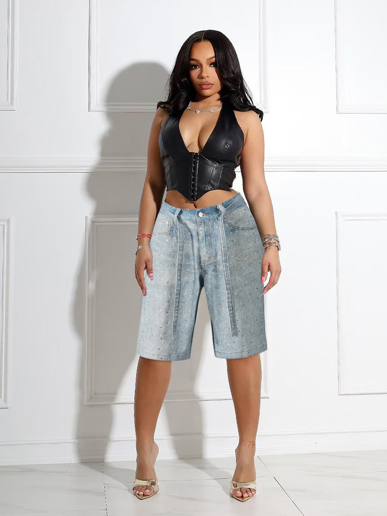 Women's Loose Denim 5-point Full Hot Rhinestone Additional Pants
