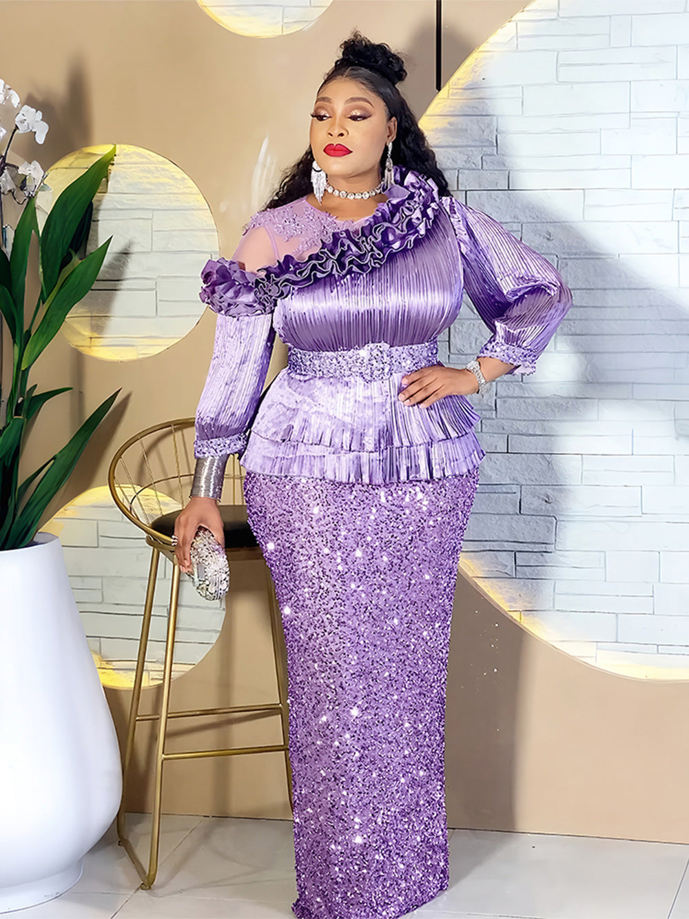 Women's Luxury Temperament Hip African Sequined Pleated Dress