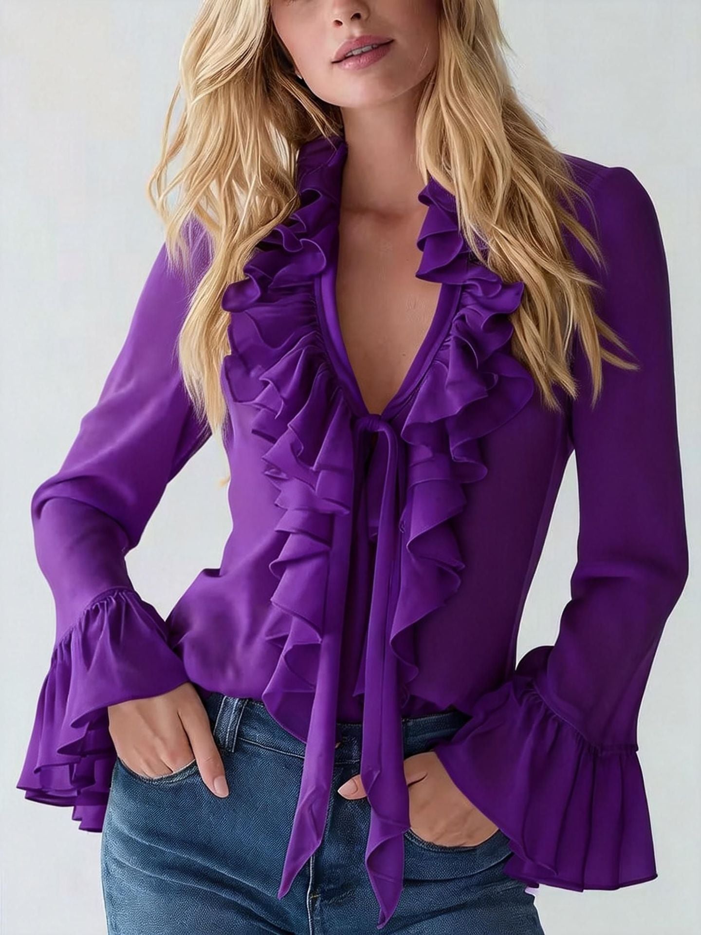 Spring French Elegant Ruffled Solid Color Puff Sleeve Blouse