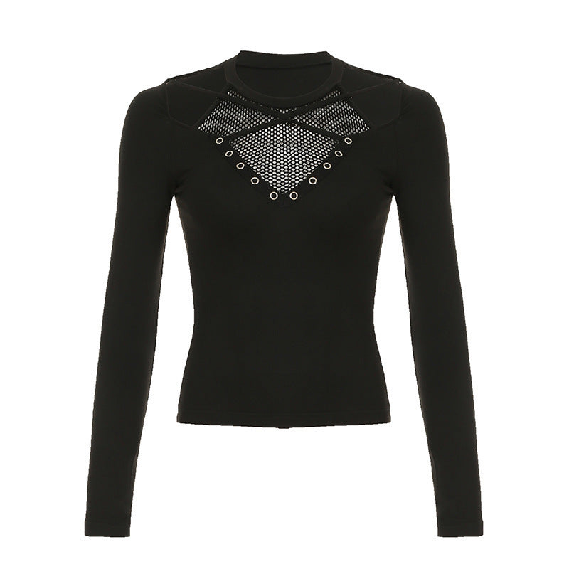 Women's Hot Dark Style Hollow Mesh Ribbon Stitching Trendy Blouses