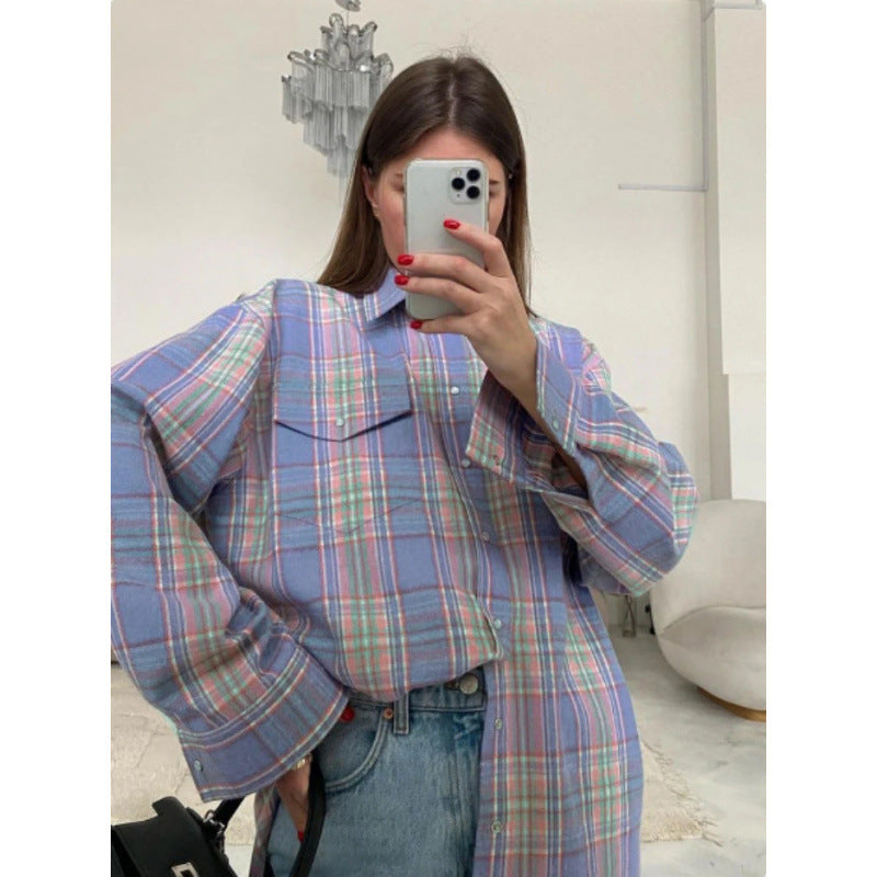 Women's Style Lapel Loose Shirt Autumn Plaid Long Blouse