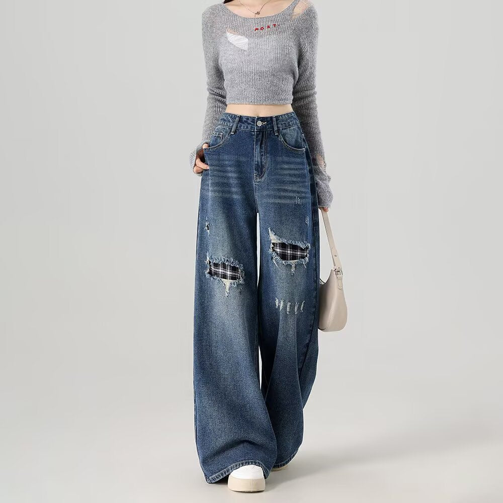 Women's Trade Retro Ripped Raw Hem Distressed Fashionable Casual Women's Jeans