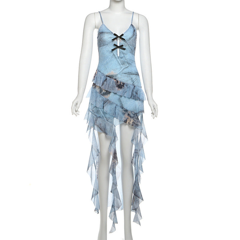 Women's Summer Halter Ruffled Printed Sexy Slim Dress