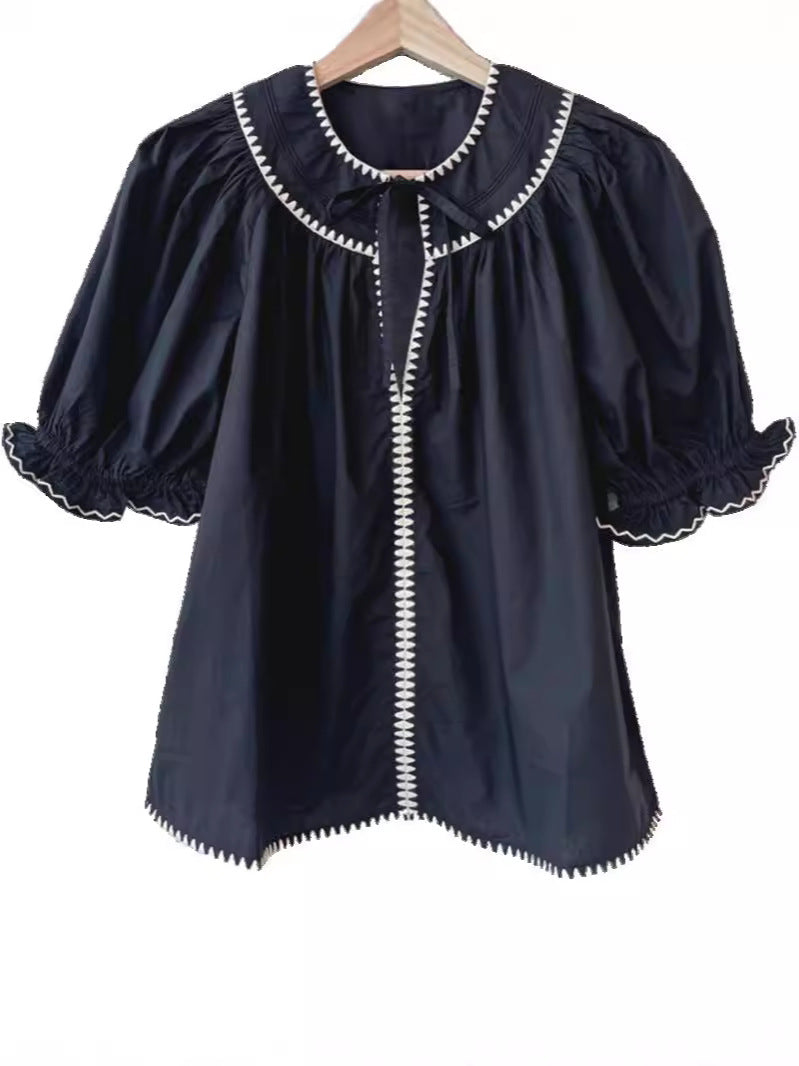 Water Soluble Shell Contrast Color Embroidered Shirt Puff Sleeve Tops