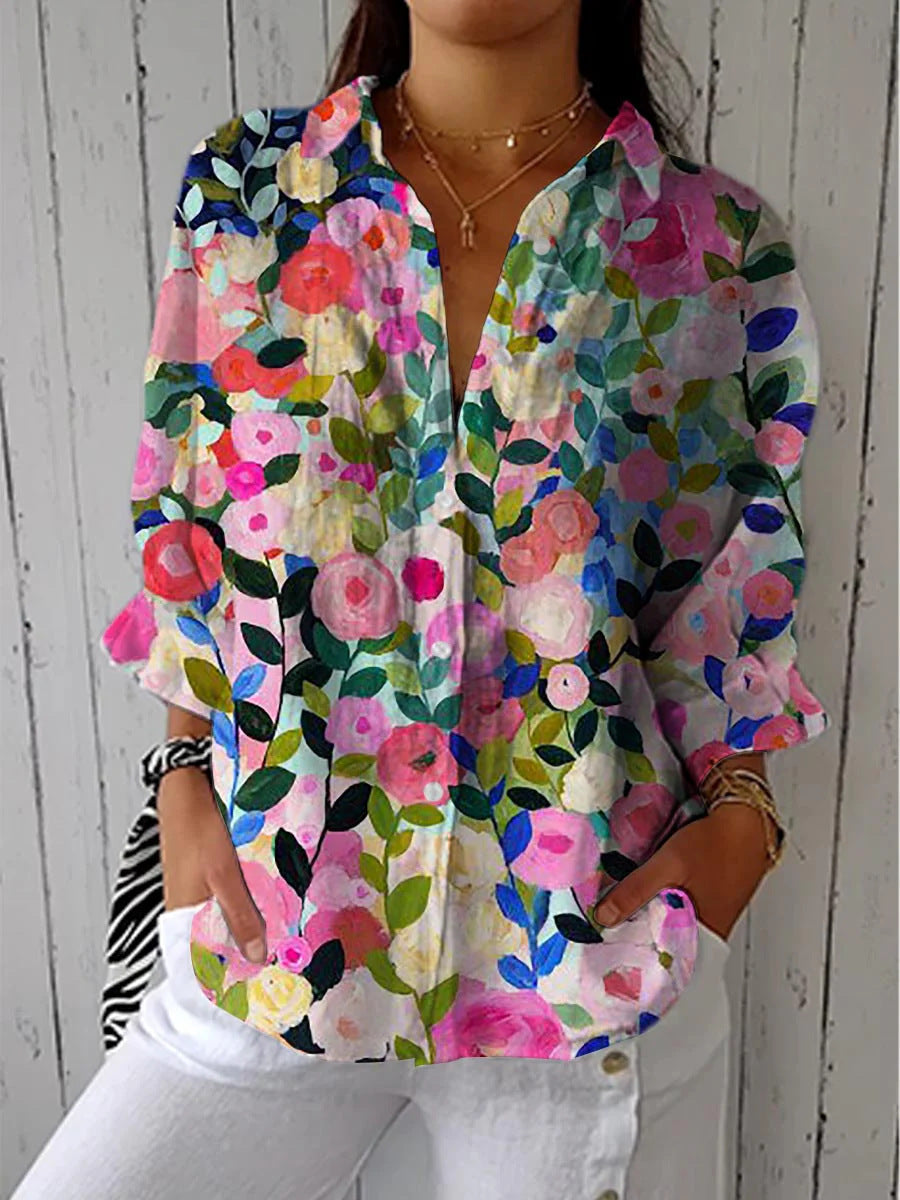 Women's Digital Printing Lapel Long Sleeve Linen Blouse
