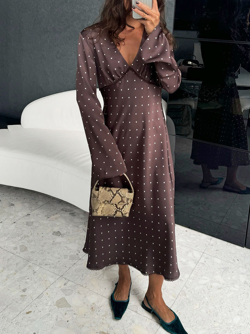 Dot Lace Contrast Color High Waist A- Line Design Sense Dress