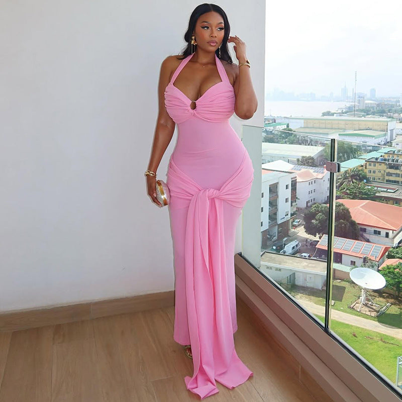 Women's Tight Cross Strap Backless Sheath Pleated Halter Dress