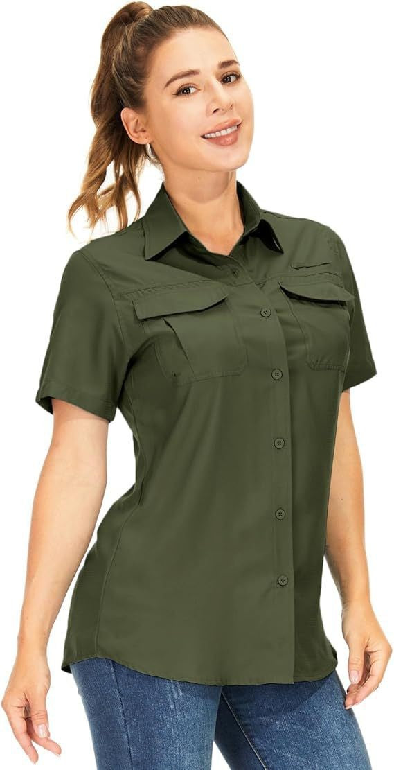 Women's Short-sleeved Shirt Solid Color Polo Collar Pocket Breathable Outdoor Leisure Blouse