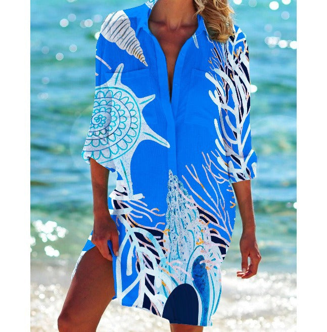 Women's Summer Printed Bikini Shirt Swimsuit Vacation Blouse