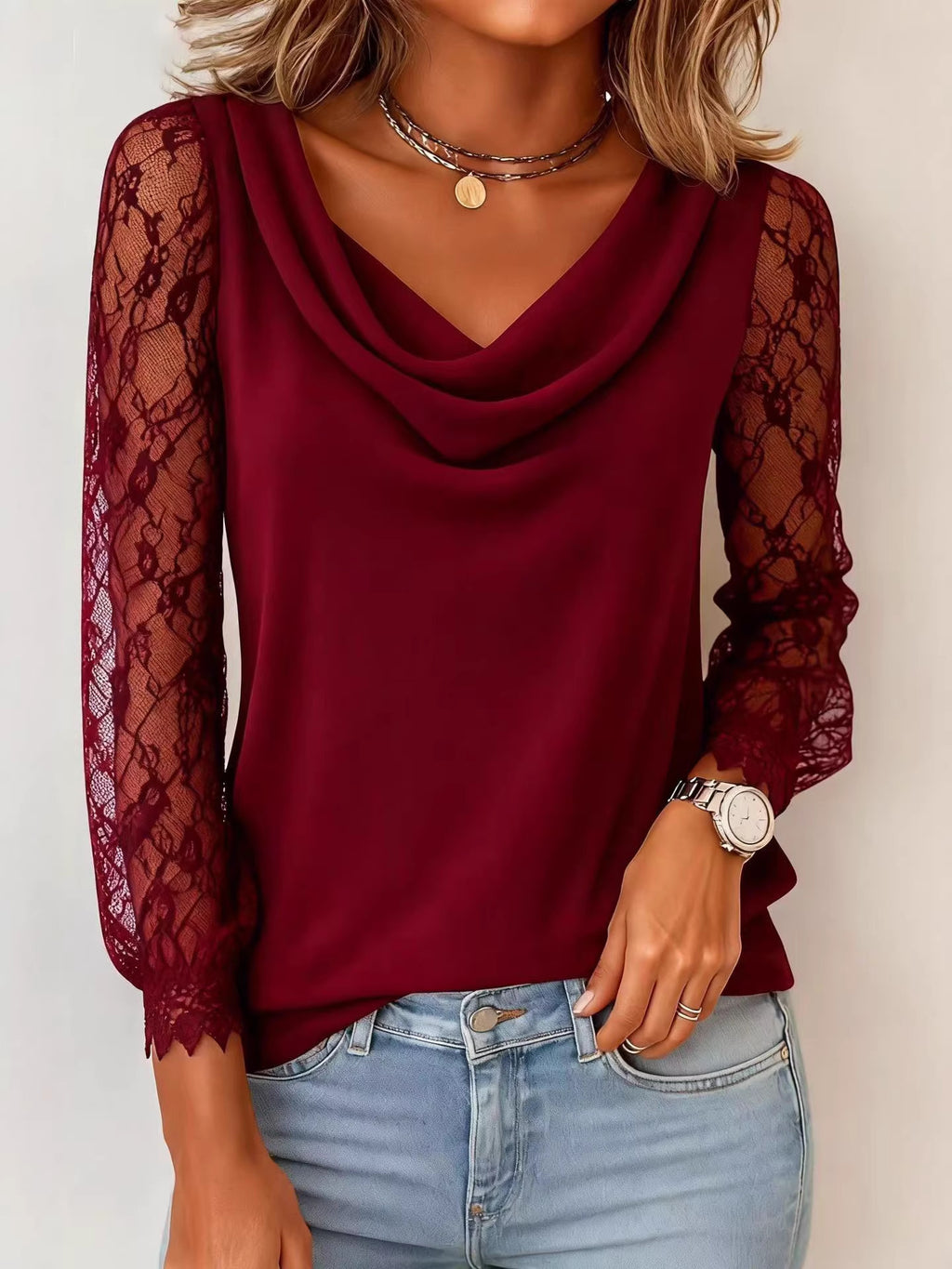Women's Lace Stitching Sleeve Swing Collar Women's T-shirt