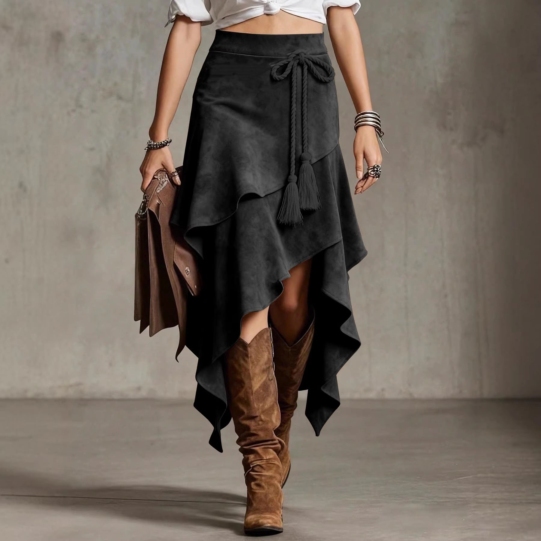 European Retro Western Style Irregular Design Suede Skirt