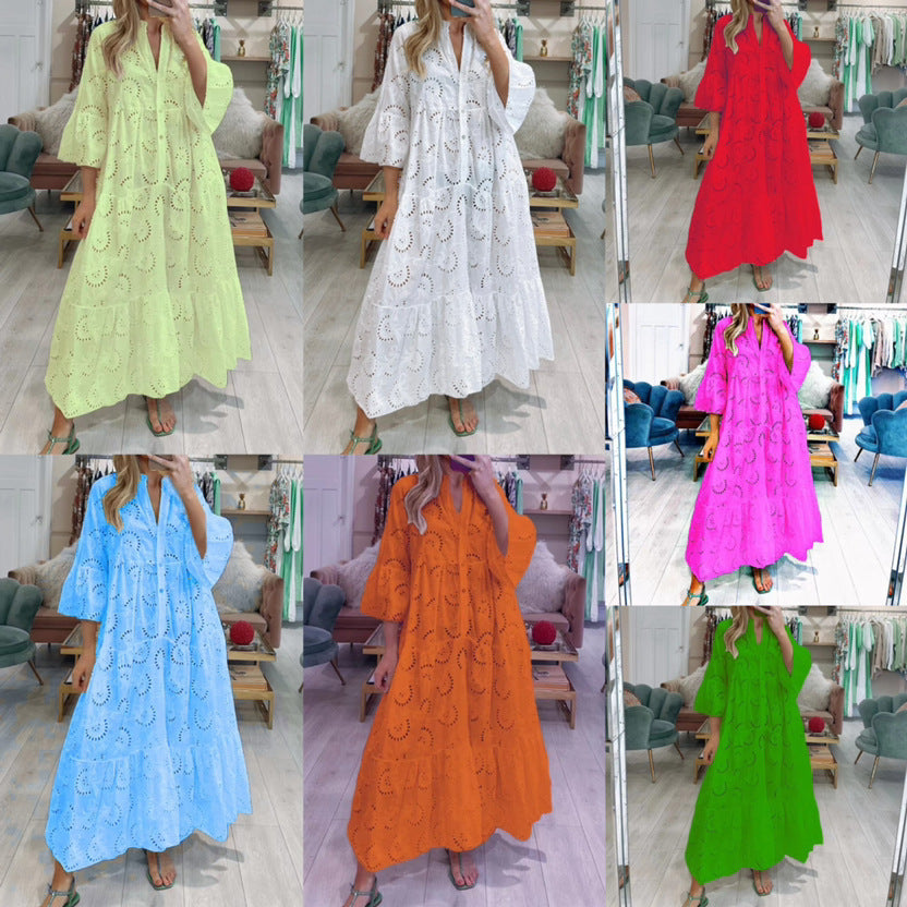 Women's French Style Bell Sleeve Lace Solid Color Sexy Long Dress