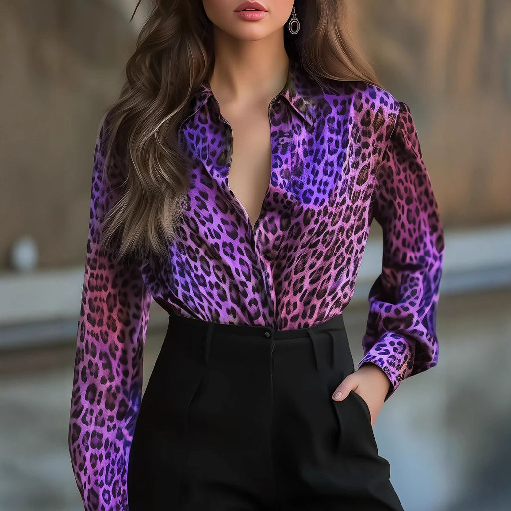 Women's Elastic Satin Printed Leopard Print Leisure Loose Shirt Tops