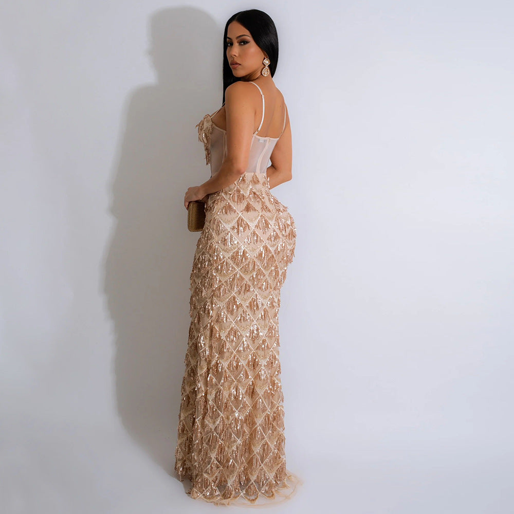 Women's Sequined Party Fashion Suspenders Sheath A- Dress