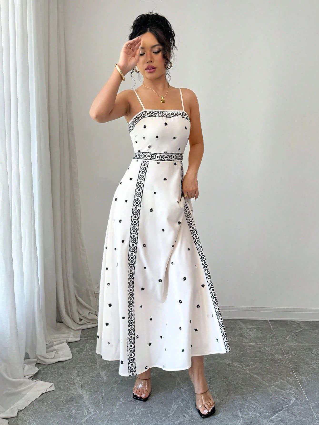 Women's Elegant Sling White Printing Long Dress