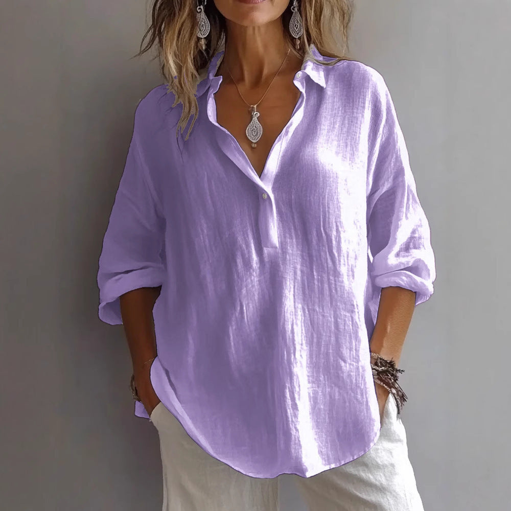 Solid Color Casual Loose Long Sleeve Linen Blouse