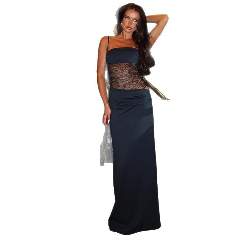 Spaghetti Straps Slim Fit Slit Long Sexy Patchwork Dress