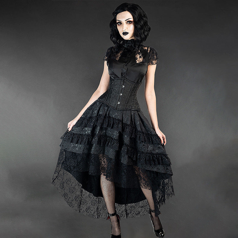 Women's Retro Black Long Gothic Style Asian Culture Lace Skirt