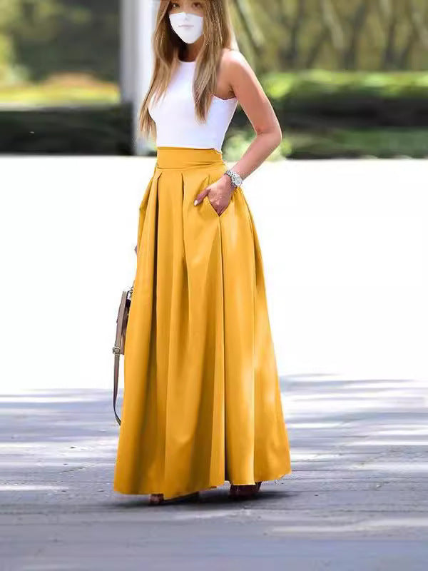 Women's Solid Fashion High Waist Pleated Maxi Skirt