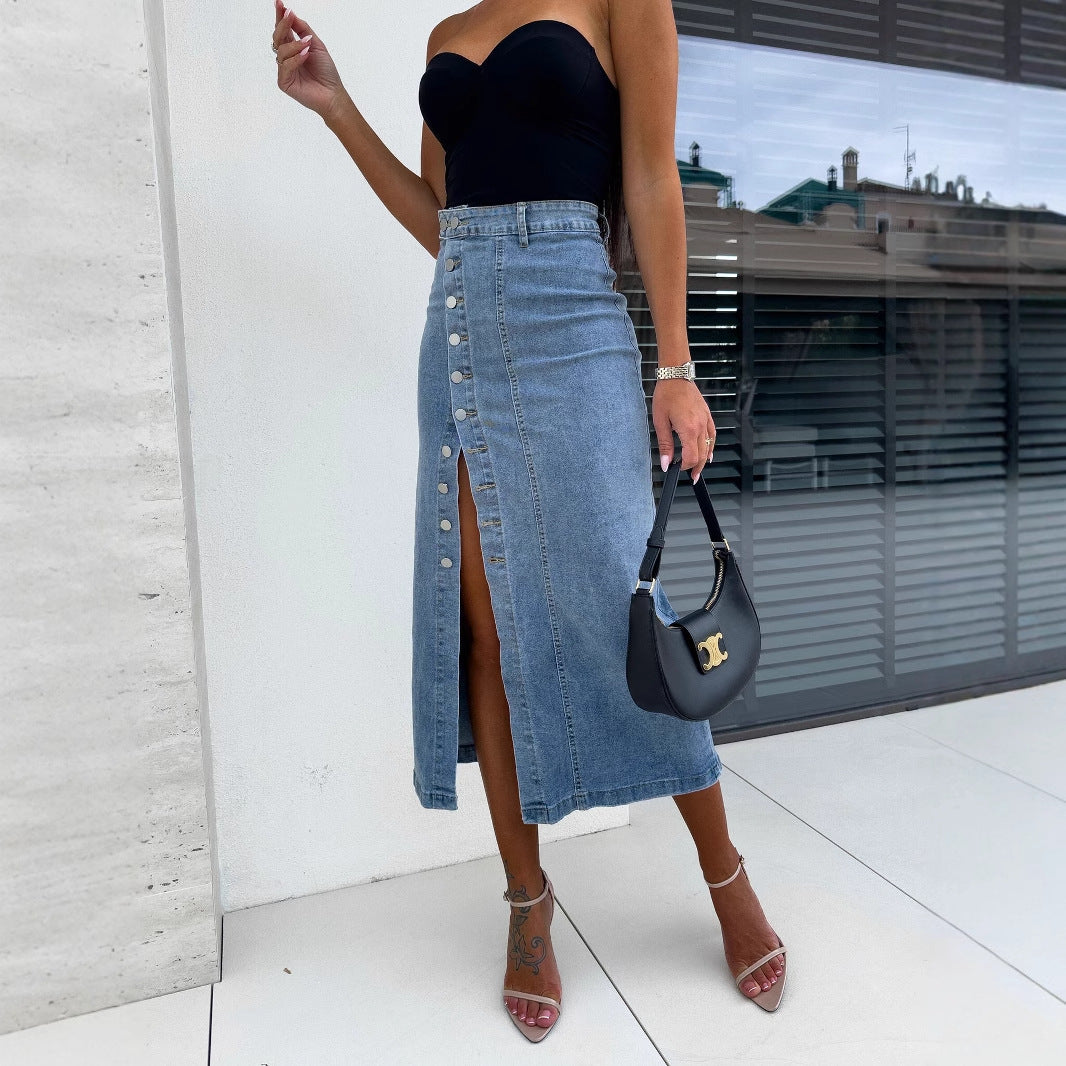 Women's Button Irregular Slit Denim High Waist Slim Hip Skirt