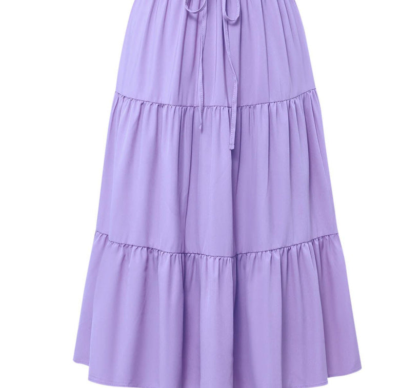 Solid Color Stitching Ruffle Elastic Pocket Skirts