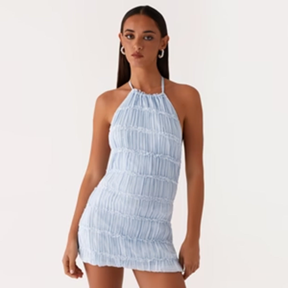 Women's Backless Pleated Stripe Fabric Special Breathable Lace Up Dress