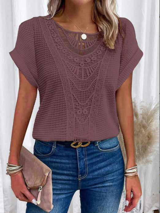 Fashion Beautiful Women's Lace Patchwork Short-sleeved Women's T-shirt