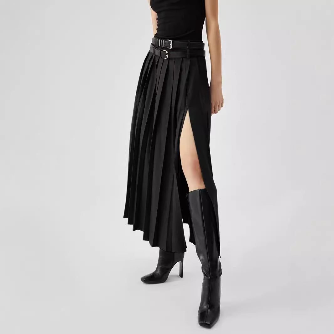 Women's Gray Pleated High Waist Slimming Slit Skirt