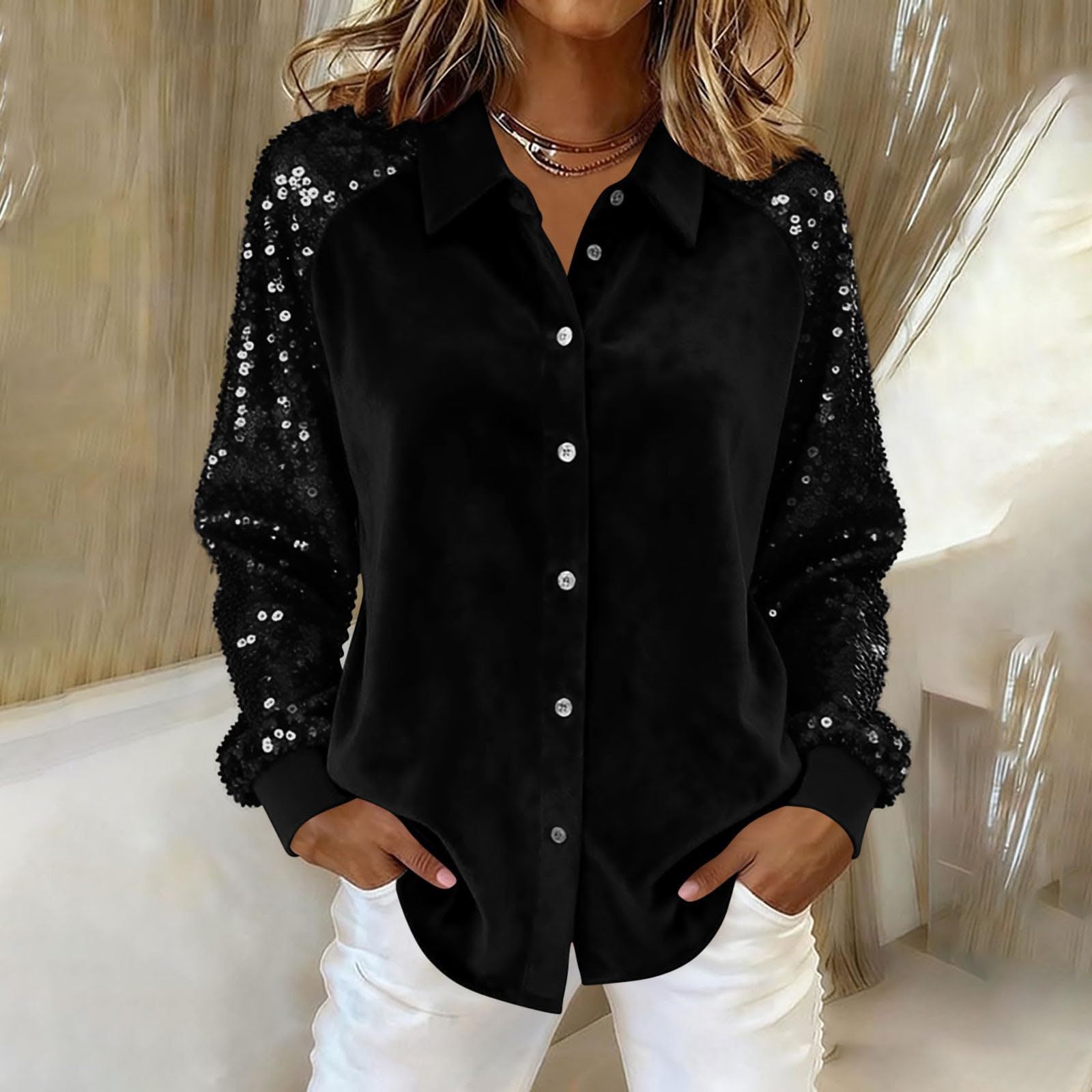 Women's Sequin Sleeve Stitching Long Veet Loose Tops