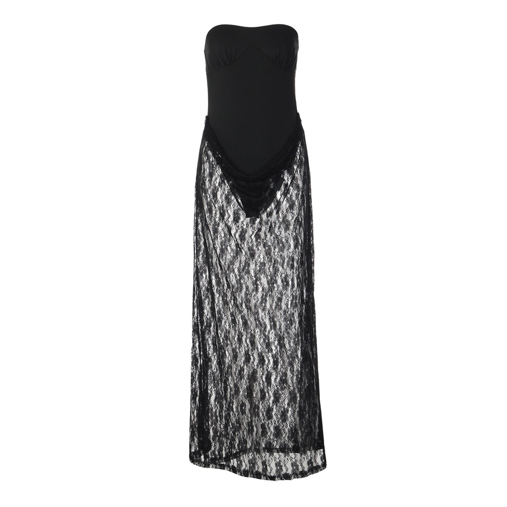 Women's Sexy Lace Tube Backless Mesh Solid Dress