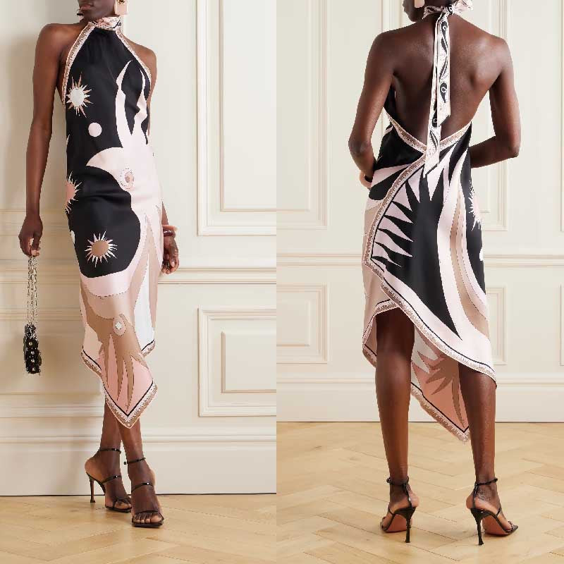 Women's Summer Sexy Halter Backless Print Satin Vacation Beach Dress