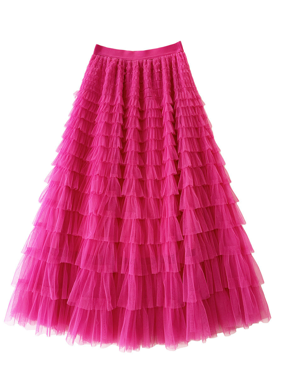 Women's Long Autumn Elegant Solid Color High Waist Net Yarn Cake Skirts