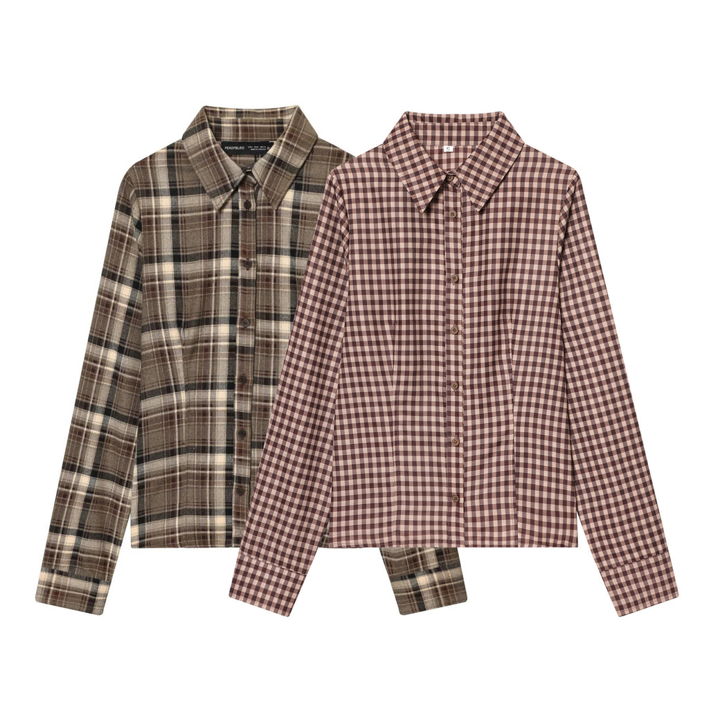 Women's Versatile Plaid Lapel Single Breasted Long Sleeve Slim Blouse